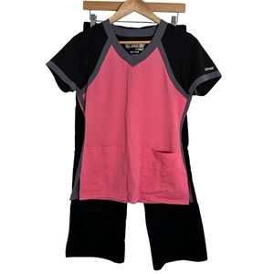 Pink and Black Greys Anatomy Scrub Top XS/ Cherokee Luxe Black Pants SP